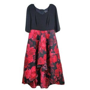 R&M Richards Dress sz 10 Red Black Floral Draped High Low Hem